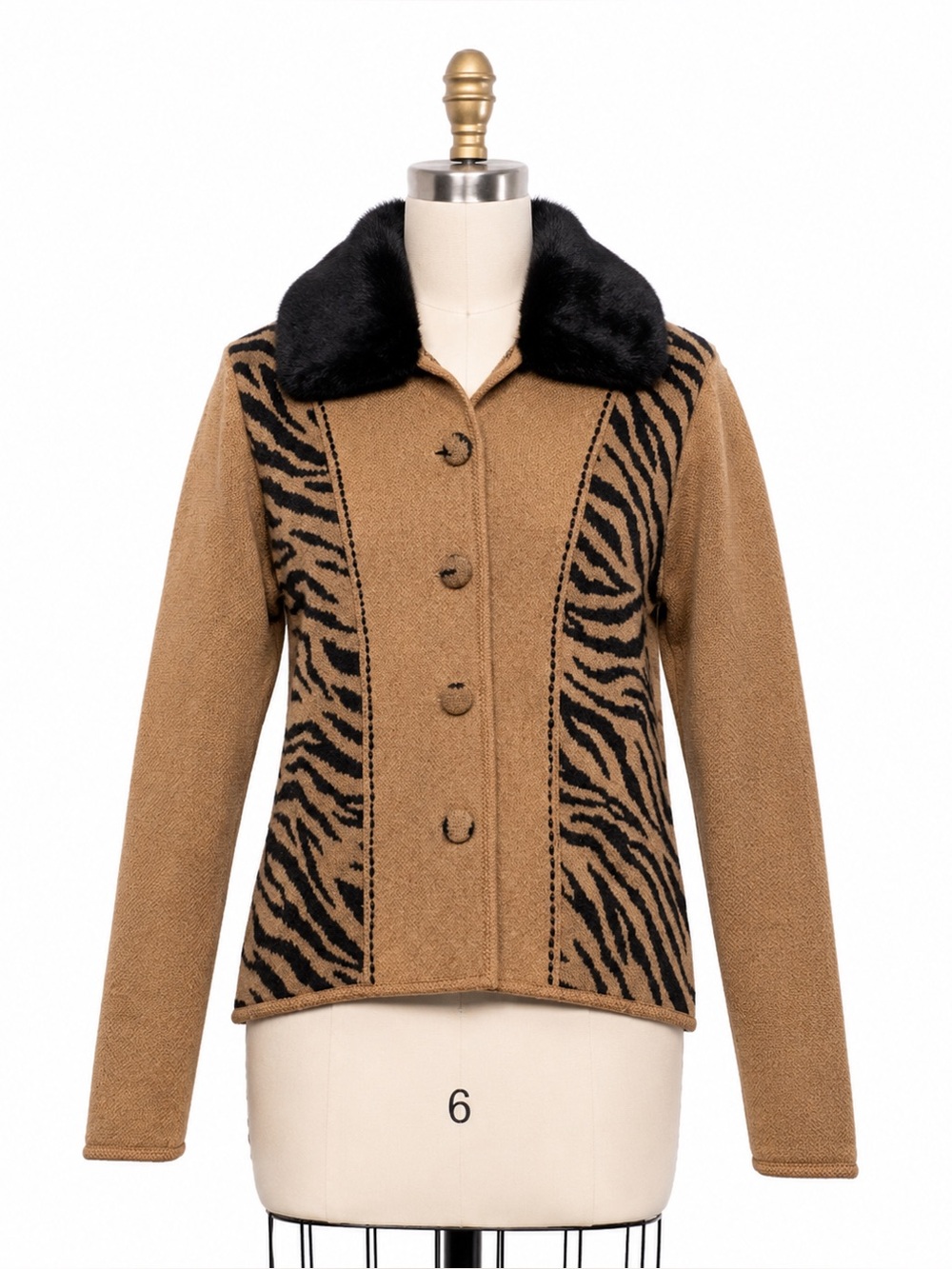 Vintage 90s Tiger Print Boiled Wool Jacket Detachable Faux Fur Collar Mob Wife S